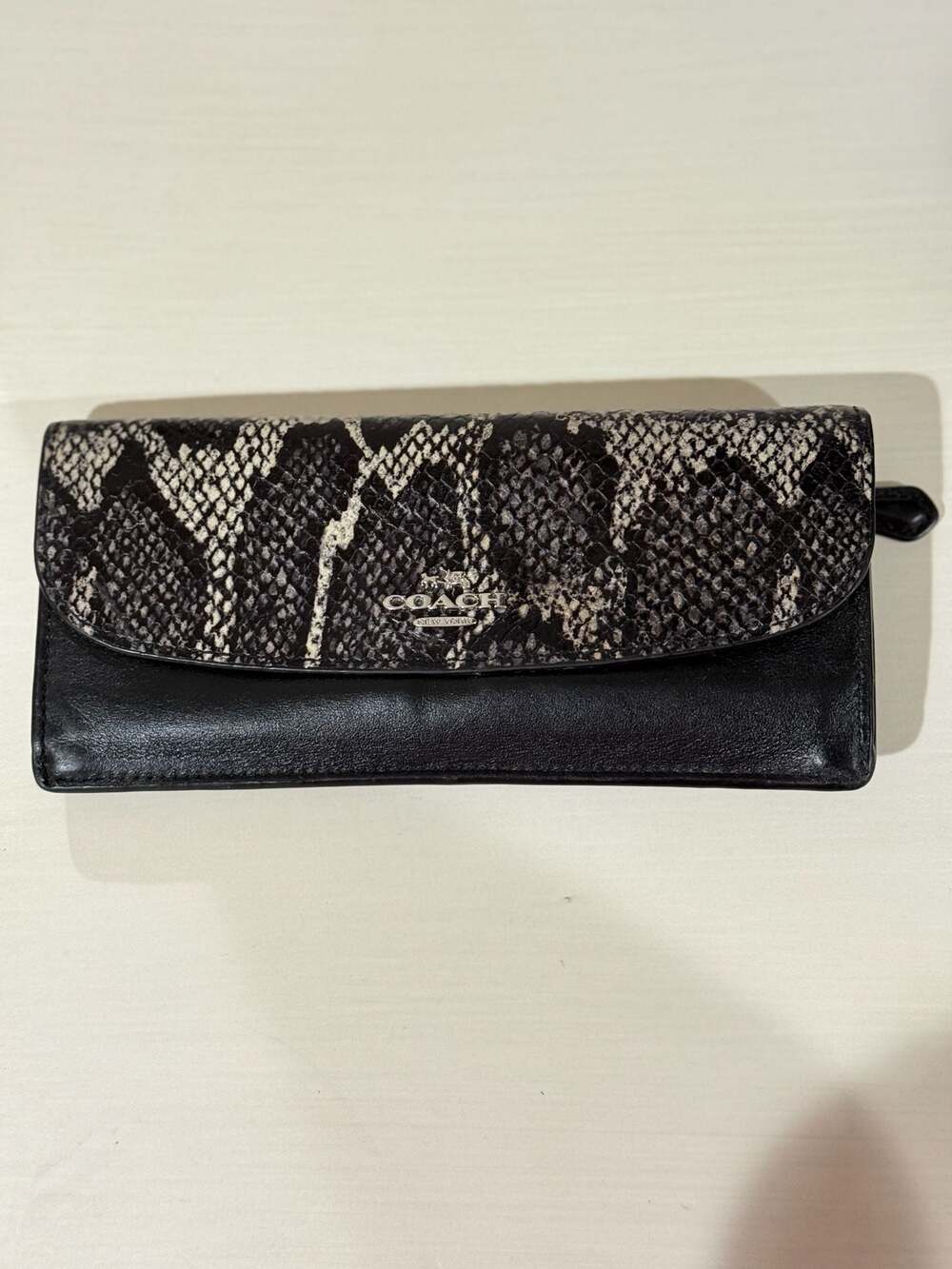 Coach Wallet Black Leather Python Embossed Trim